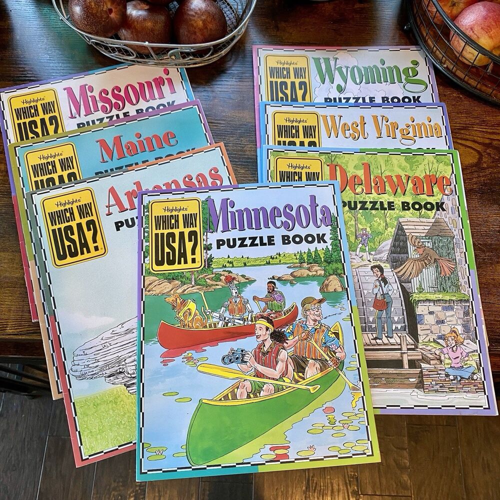 Lot 7 Highlights Which Way USA Puzzle Books unsolved MO, DE, WY, MN, ME, AR, WV